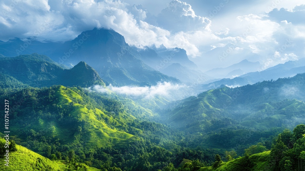 Breathtaking green mountainscape stretching under cloudy sky Breathtaking green mountainscape stretching under cloudy sky