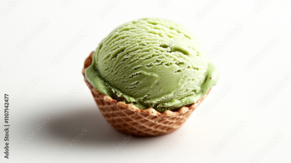 Fototapeta premium Single scoop of pistachio ice cream in a waffle cone.