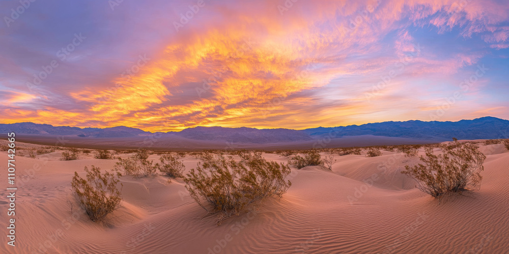A desert landscape with endless dunes of golden sand under a dramatic sunset. The sky features deep oranges, pinks, and purples, with wispy clouds adding texture. Small desert plants and the shadowed A desert landscape with endless dunes of golden sand under a dramatic sunset. The sky features deep oranges, pinks, and purples, with wispy clouds adding texture. Small desert plants and the shadowed