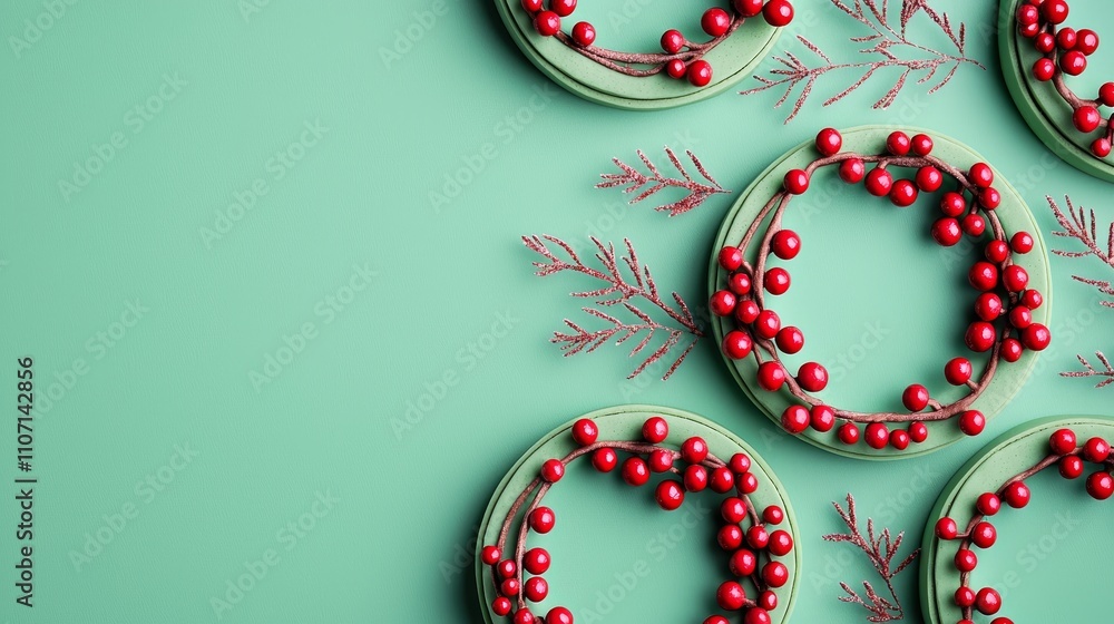 Green cookie dough wreaths with red candy berries, playful holiday treats for kids, festive food concept, vibrant and detailed close-up shot Green cookie dough wreaths with red candy berries, playful holiday treats for kids, festive food concept, vibrant and detailed close-up shot