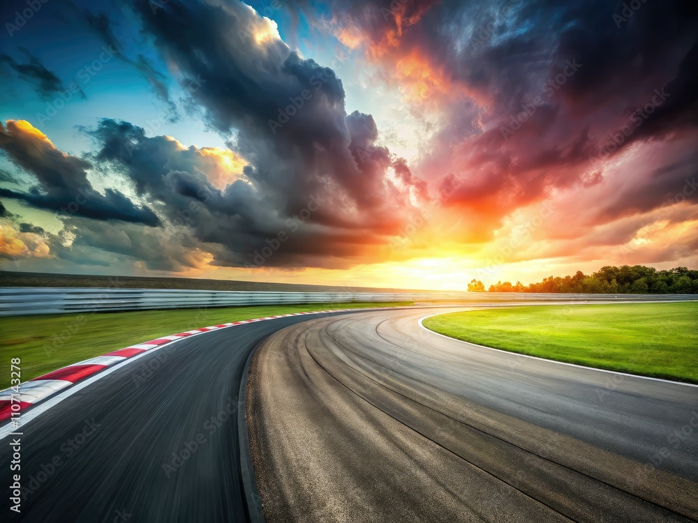 A tranquil racetrack turn captured in long exposure, highlighting dynamic motion blur against a serene landscape, emphasizing speed and agility in motorsport photography. A tranquil racetrack turn captured in long exposure, highlighting dynamic motion blur against a serene landscape, emphasizing speed and agility in motorsport photography.