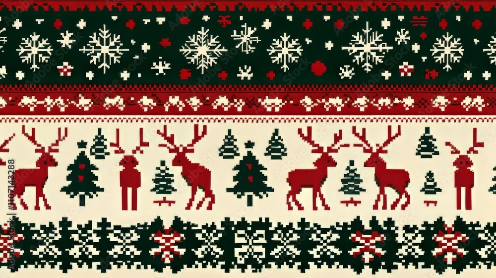 A classic Christmas sweater-inspired background featuring rows of reindeer, snowflakes, and geometric patterns in bright holiday colors. Perfect for seasonal decor or design projects. A classic Christmas sweater-inspired background featuring rows of reindeer, snowflakes, and geometric patterns in bright holiday colors. Perfect for seasonal decor or design projects.