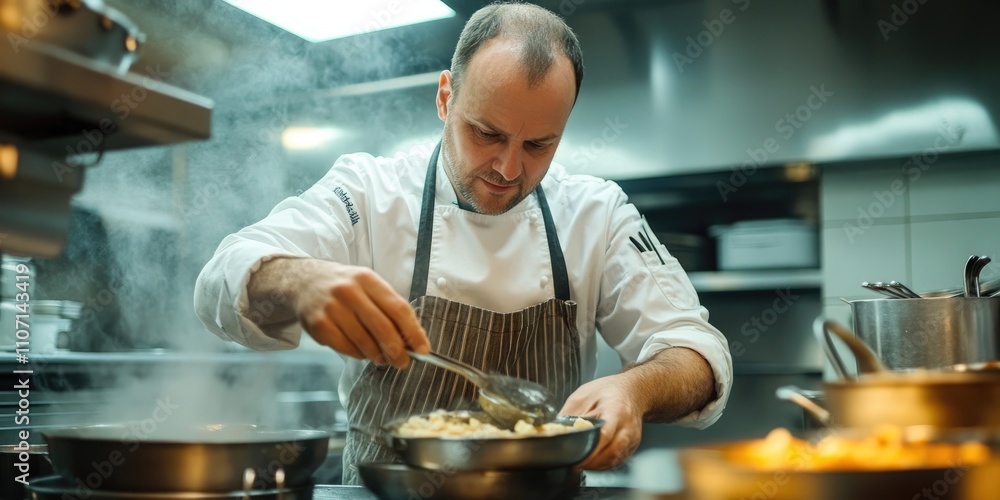 Professional chef preparing food in restaurant kitchen Professional chef preparing food in restaurant kitchen