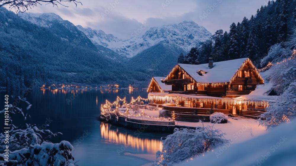 Fototapeta premium Serene Winter Wonderland: Charming Cabin with Festive Lights by a Snow-Covered Lake Surrounded by Majestic Mountains at Dusk