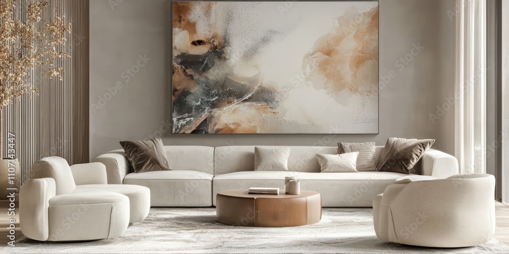 A modern living room with a large abstract painting on the wall, with soft colors complementing the furniture. A modern living room with a large abstract painting on the wall, with soft colors complementing the furniture.