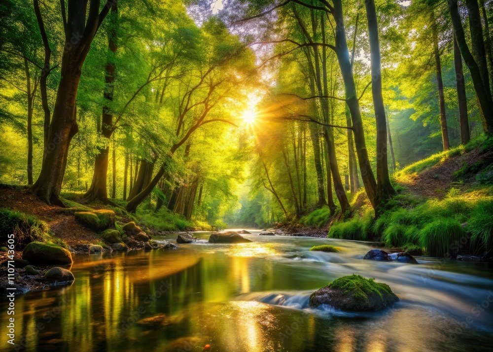 Fototapeta premium A tranquil stream flows through a serene forest, sunlight filtering through lush leaves, creating a peaceful atmosphere for relaxation amidst nature's beauty and harmony.