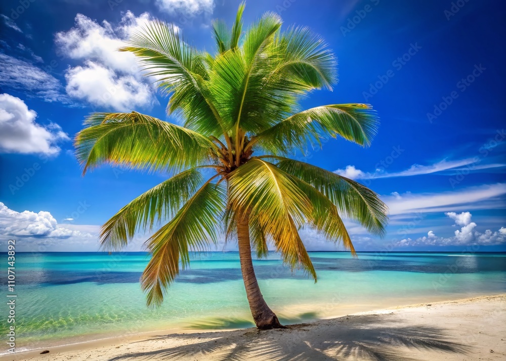 A tranquil tropical paradise features a grand palm tree on soft golden sands, embraced by a pristine beach and illuminated by a clear blue sky. A tranquil tropical paradise features a grand palm tree on soft golden sands, embraced by a pristine beach and illuminated by a clear blue sky.
