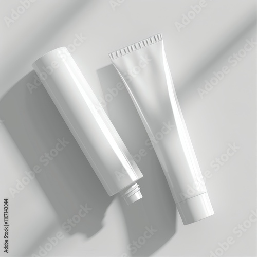 Two White Cosmetic Tubes with Minimalist Background and Shadows.