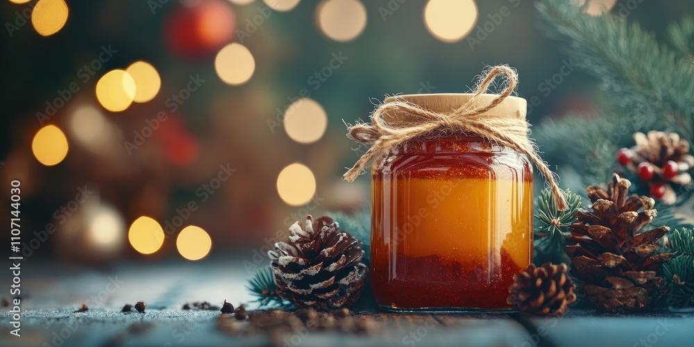 Jar of honey with pine cones and christmas tree branches creating festive atmosphere Jar of honey with pine cones and christmas tree branches creating festive atmosphere