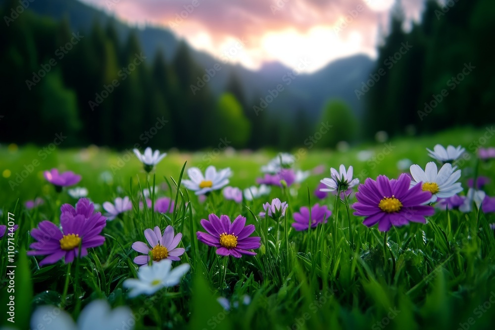 Fototapeta premium Vibrant Wildflowers in Mountain Meadow at Sunset