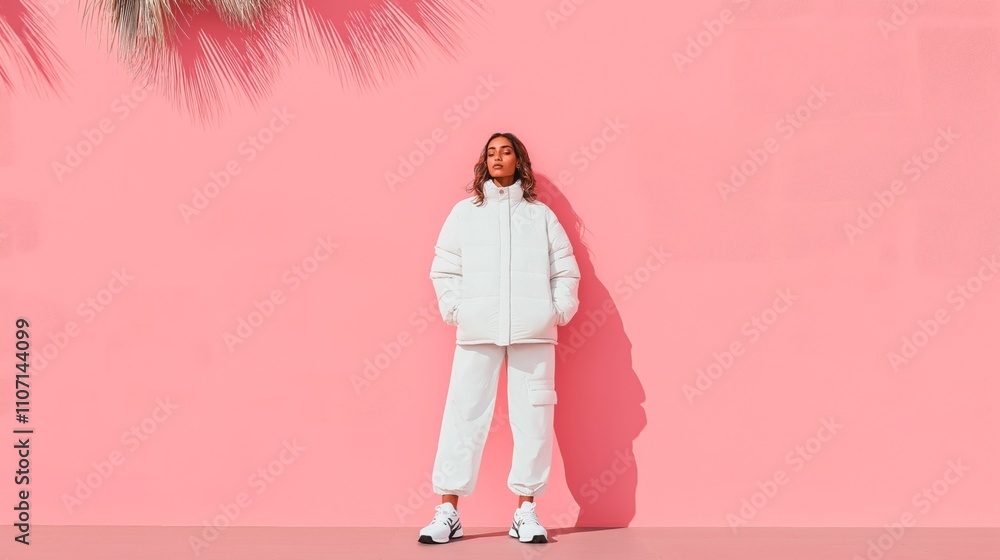 Woman in white puffer jacket and pants against a pink wall with palm shadow Woman in white puffer jacket and pants against a pink wall with palm shadow