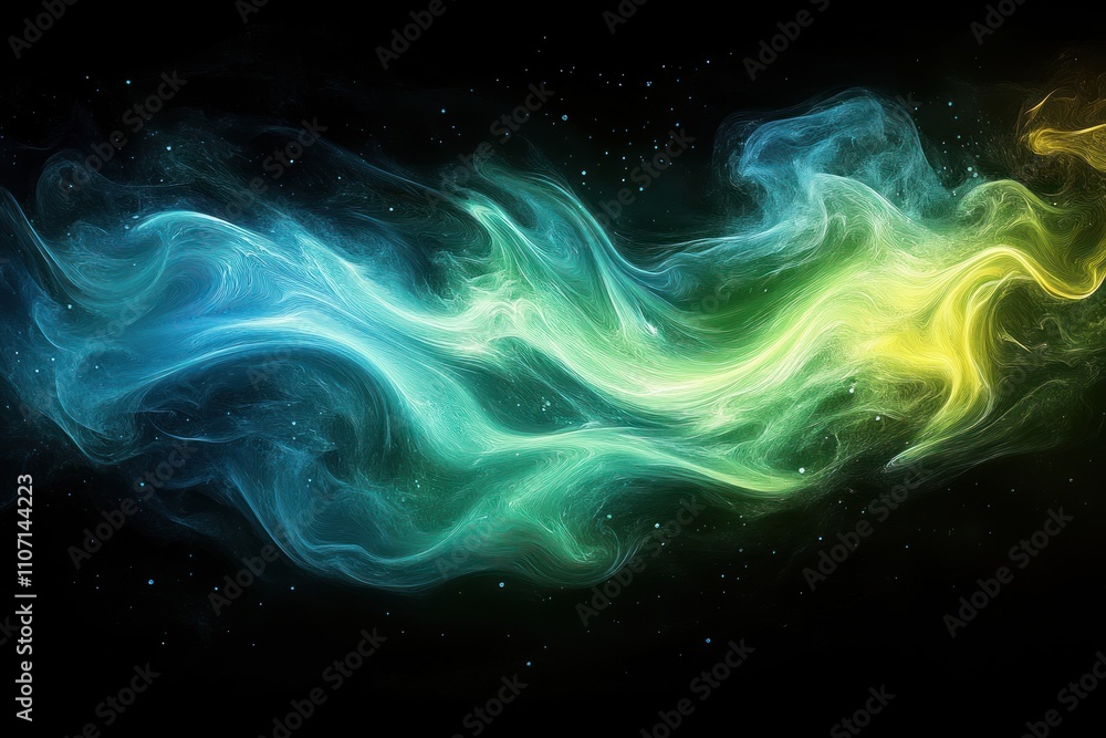 Abstract flowing smoke in blue, green, and yellow colors against a black background with glowing stars. Abstract flowing smoke in blue, green, and yellow colors against a black background with glowing stars.