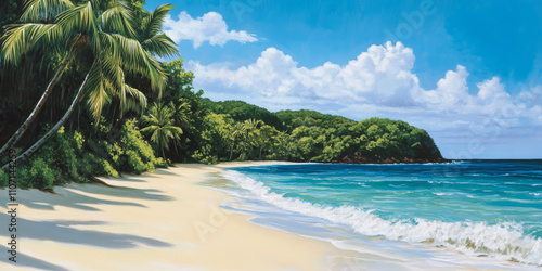 A tropical beach scene with fine white sand, turquoise water gently lapping the shore, and lush green palm trees swaying in a soft breeze. The sky is bright blue with a few fluffy white clouds,