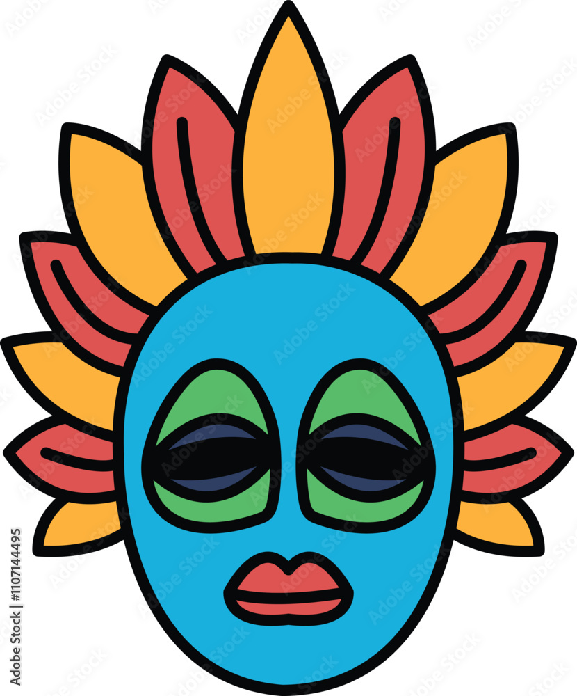 A colorful mask with a blue face and green eyes A colorful mask with a blue face and green eyes