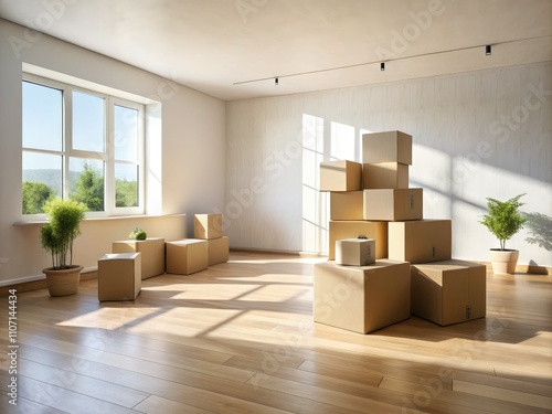 A vast, minimalist space filled with unpacked boxes symbolizes new beginnings, embracing change. Moving day invites organized chaos and a fresh start in a modern home.