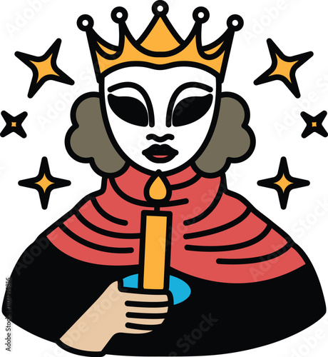 A cartoonish drawing of a woman holding a candle with a crown on her head