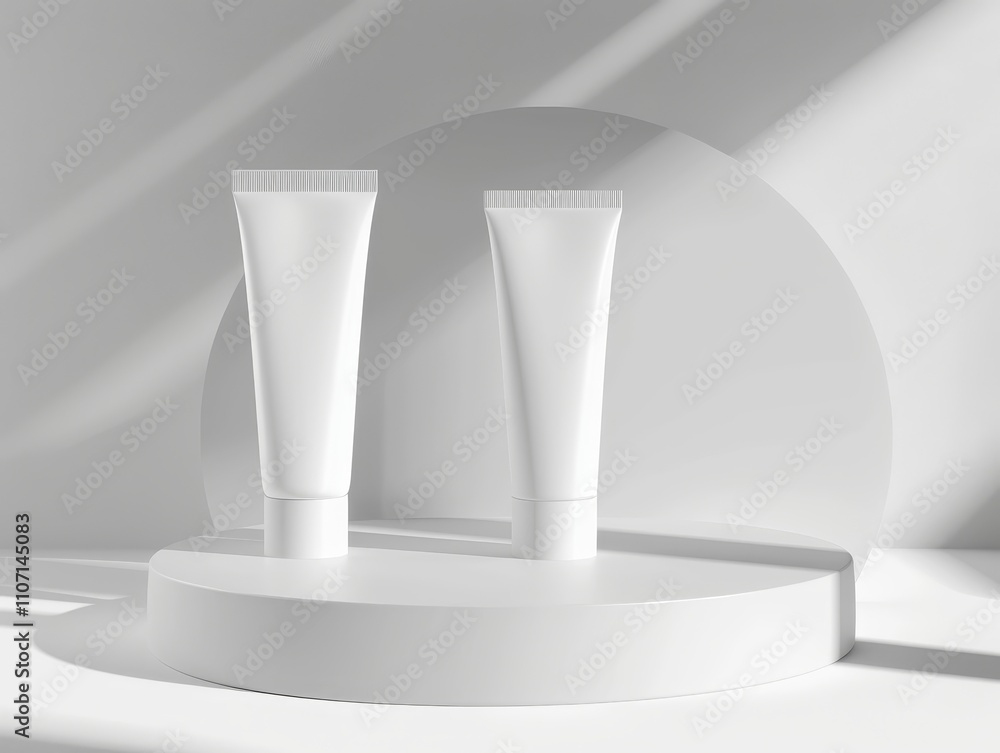 Two white tubes on a white pedestal with soft shadows. Two white tubes on a white pedestal with soft shadows.