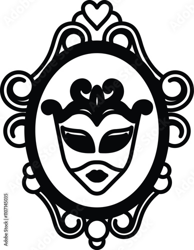 A mask with a black and white face is shown in a frame