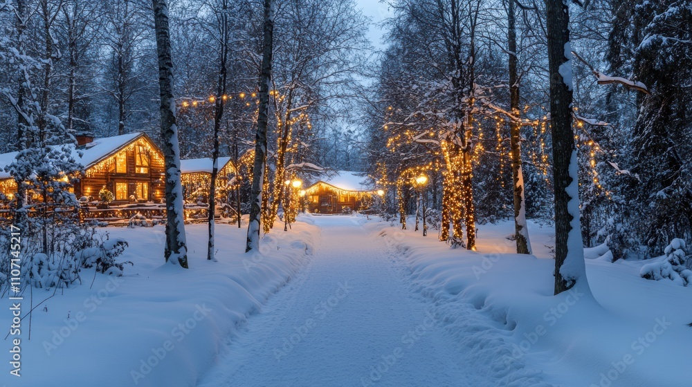 Fototapeta premium Serene Winter Wonderland with Charming Cabins Adorned with Twinkling Lights in a Snowy Forest Under a Soft Blue Twilight Sky