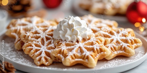 Snowflake waffles with whipped cream and powdered sugar celebrating christmas holidays