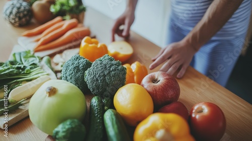 Fototapeta Naklejka Na Ścianę i Meble -  A nutritionist advising a patient with a variety of fresh fruits and vegetables on the table, with a clean background, Healthy lifestyle style