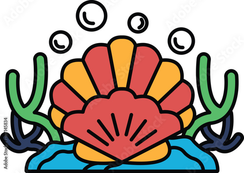 A colorful shell with green and blue stems and a blue background