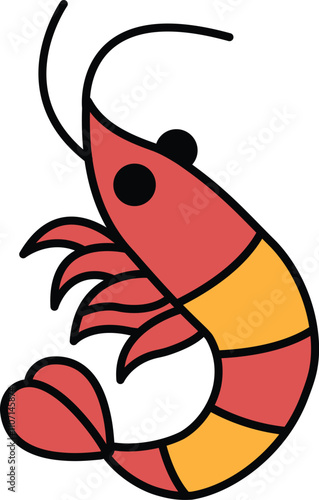 A cartoon shrimp with a red and yellow stripe