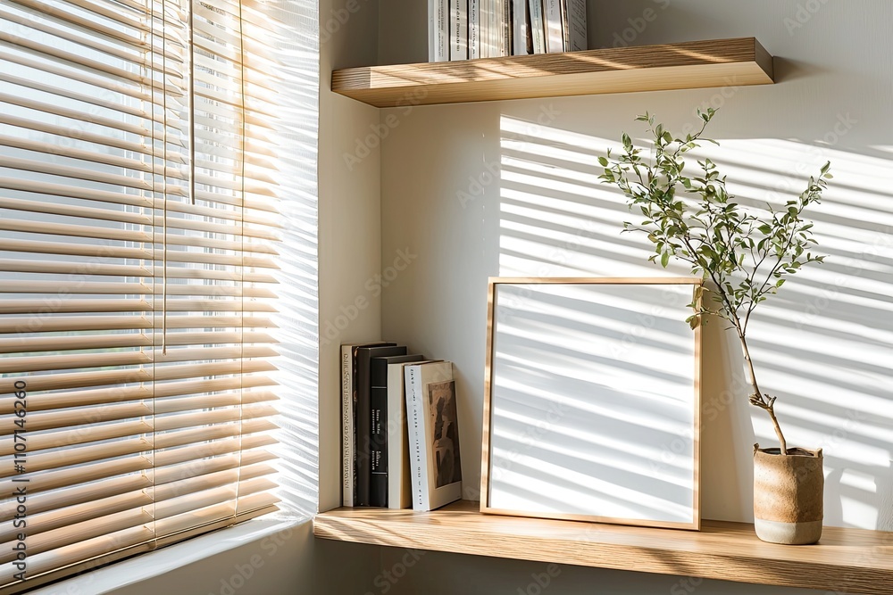 Fototapeta premium Minimalist interior design of a modern living room with a shelf and blank poster frame mockup, books on a wooden stand near a window with blinds. Bright daylight. High-quality photo in natural light