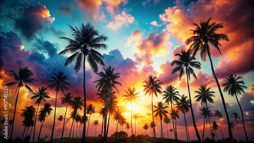 Surreal Black Silhouette of Palm Trees Against a Dreamy Gradient Sky with Ethereal Lighting and Abstract Elements for Unique Visual Aesthetics
