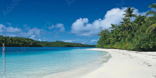 A tropical beach scene with fine white sand, turquoise water gently lapping the shore, and lush green palm trees swaying in a soft breeze. The sky is bright blue with a few fluffy white clouds,