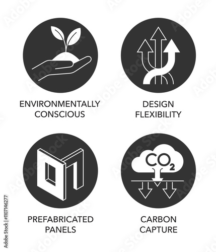 Engineered wood icons - Environmentally, Flexibility, Prefabricated, Carbon capture