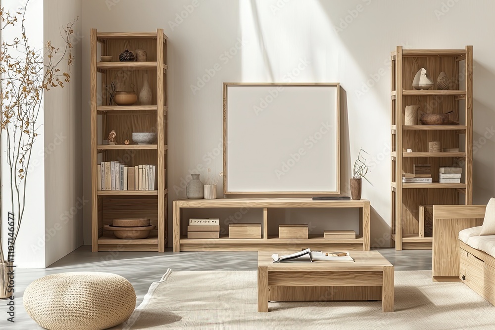 Fototapeta premium A simple wooden shelf with books and an empty poster frame on the wall, creating a minimalist Scandinavian interior design in light colors. The room has large windows and natural lighting