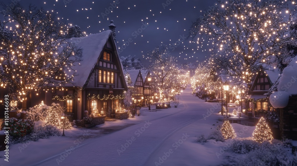 Cozy winter village illuminated by twinkling fairy lights and a gentle snowfall, creating a magical holiday atmosphere in a serene snowy landscape Cozy winter village illuminated by twinkling fairy lights and a gentle snowfall, creating a magical holiday atmosphere in a serene snowy landscape