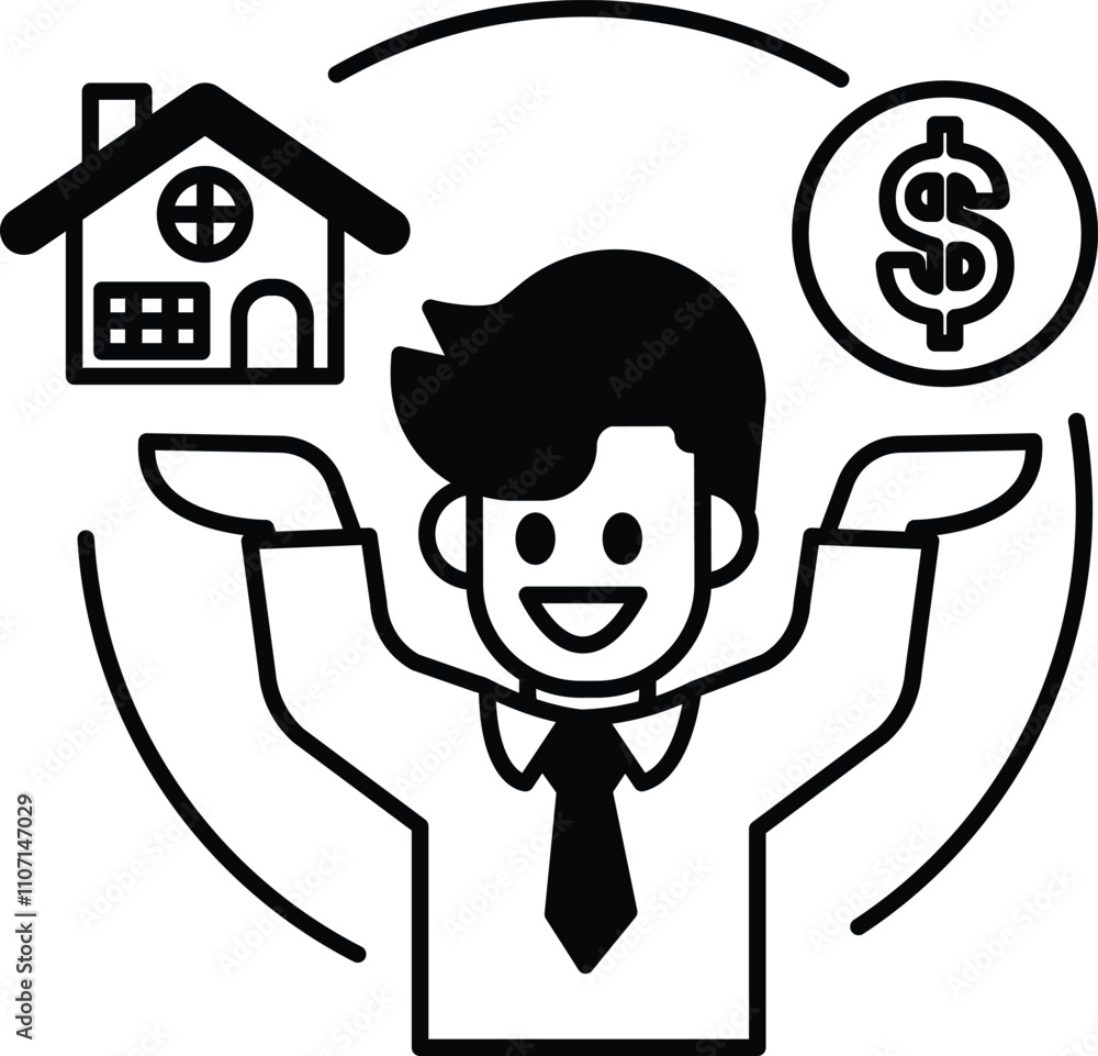 A man is holding a house and a dollar sign A man is holding a house and a dollar sign