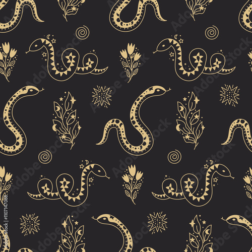 Celestial Snake and Flowers Doodle Seamless Pattern. Sacred animals stars branches twigs background with line art elements black and gold colors. Esoteric vector illustration