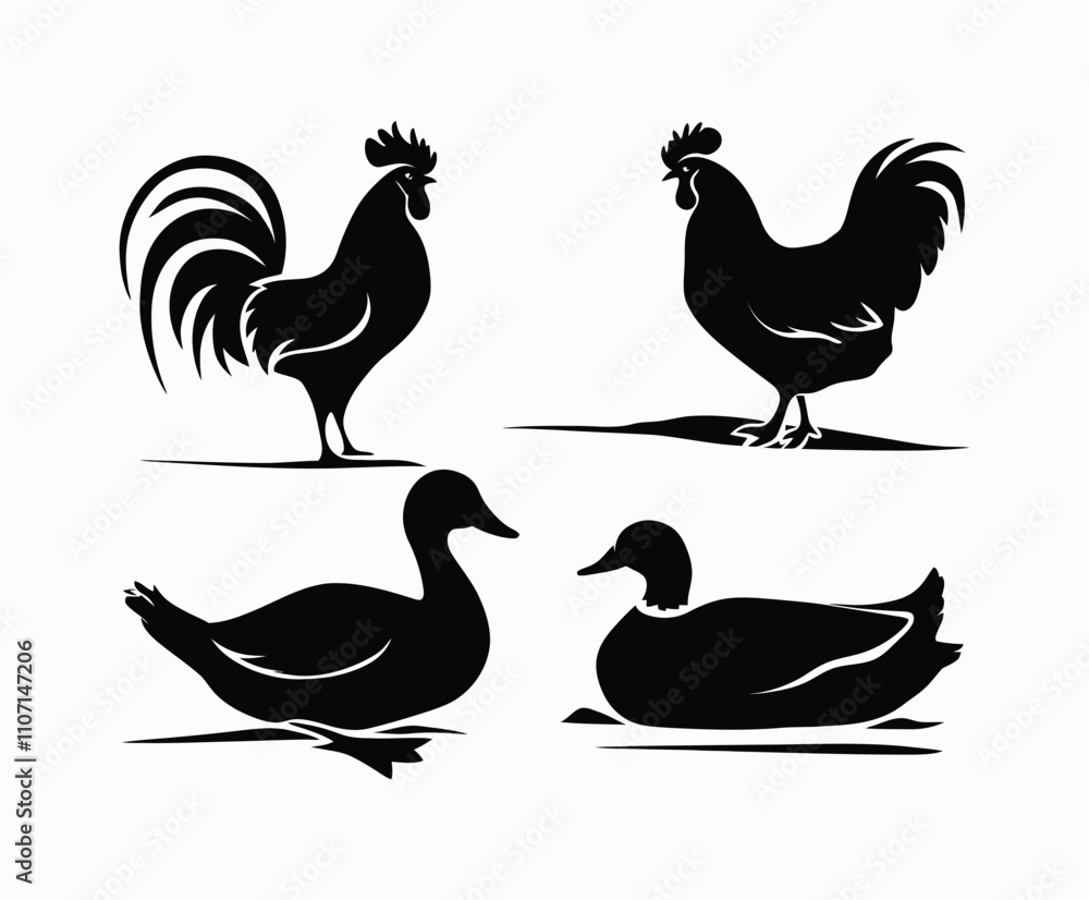 Obraz premium Various Bold Poultry Silhouettes Vector Template
