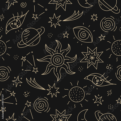 Celestial Doodle seamless pattern with black and gold colors. Hand drawn cosmic esoteric occult space spiritual sacred background with line elements. Night sky repeat vector illustration