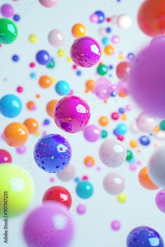 Neon colors glossy balls fall to the floor bounce and repel in different directions, image with white background, art, 3D