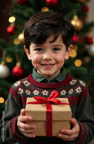 Portrait of a cute little boy holding gift box in front of christmas tree