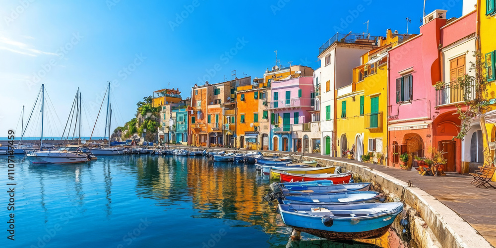 Obraz premium A picturesque coastal village with brightly colored houses, boats docked in the harbor, and a clear blue sky. The charming scene evokes a sense of tranquility and charm.