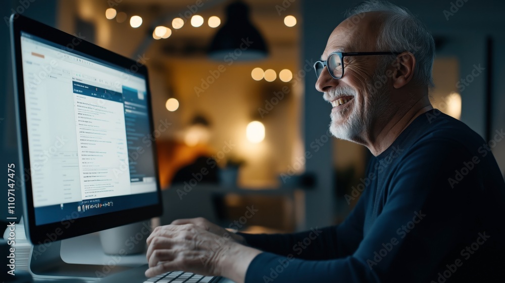 Elderly man with glasses using computer at night in cozy home office environment, smiling at screen. Room softly lit with bokeh lights, creating a warm and focused atmosphere. Elderly man with glasses using computer at night in cozy home office environment, smiling at screen. Room softly lit with bokeh lights, creating a warm and focused atmosphere.