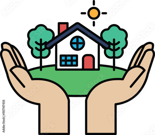 A house is being held in the hands of two people surrounded by trees