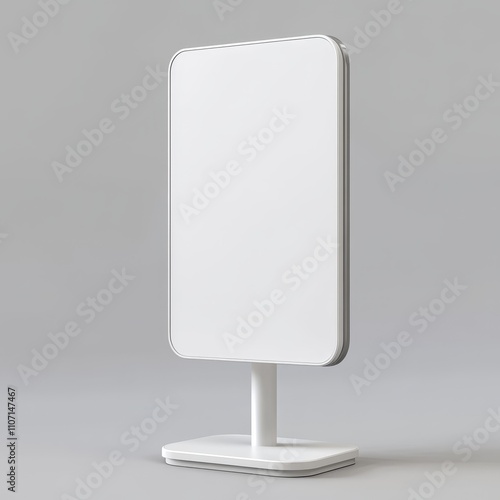 White blank signboard with silver trim standing on a white base isolated on a grey background.