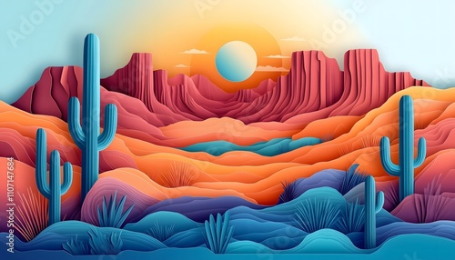 A paper cut illustration of a desert landscape in various vibrant colors