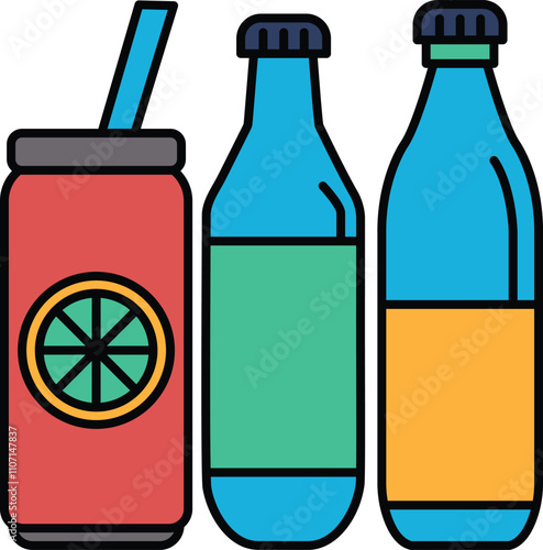 Three bottles of soda and a straw