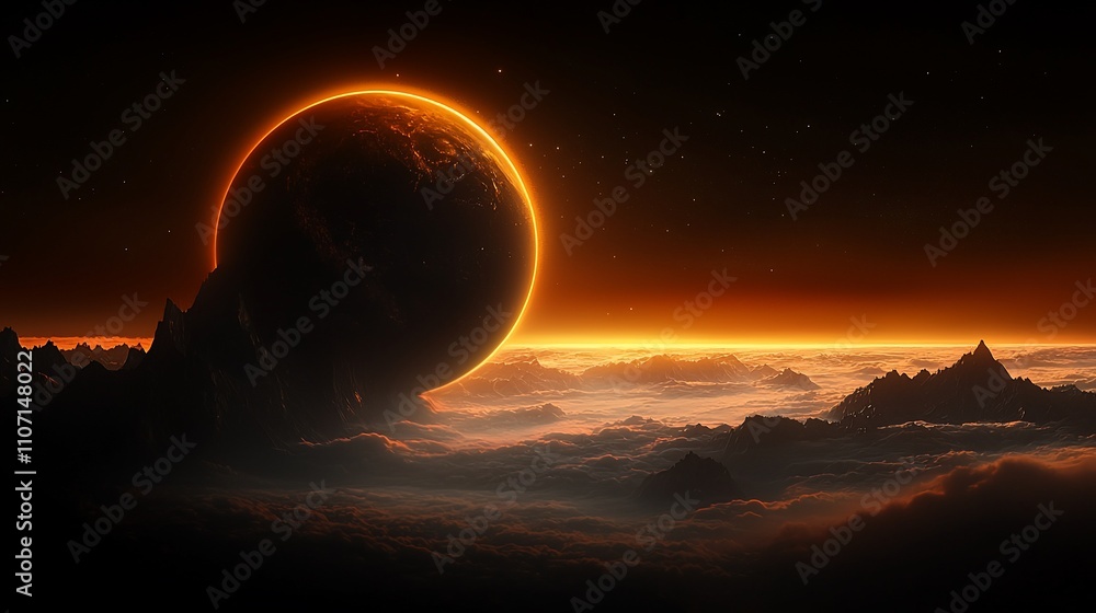 Fiery eclipse over a mountainous alien planet. Fiery eclipse over a mountainous alien planet.
