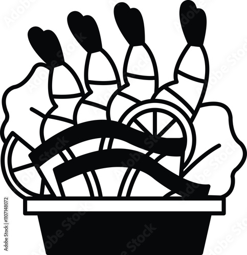 A cartoonish drawing of a bowl of food with shrimp lettuce, and an orange