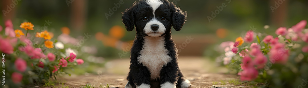 Cute black and white puppy sitting in a garden. Cute black and white puppy sitting in a garden.