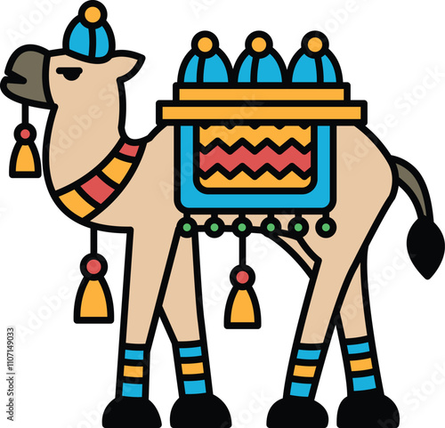 A camel with a colorful saddle and a red and yellow scarf on its neck