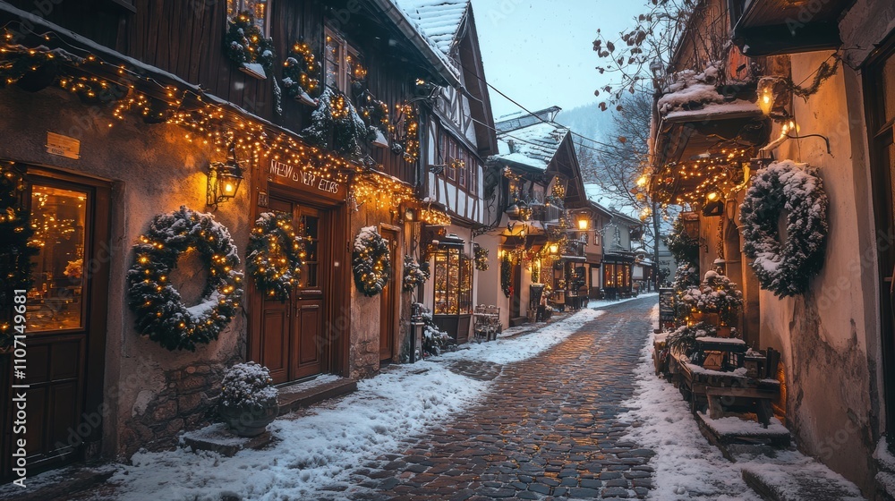 Fototapeta premium Enchanting Winter Scene of a Snow-Covered Street in a Charming Village with Festive Decorations and Warm Lights During the Holiday Season